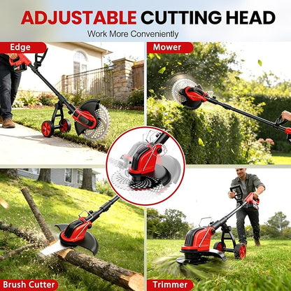 12-Inch Weed Wacker with Wheels, 2x3.0Ah 21V Battery Powered Weed Eater, Cordless Lawn Mower with 4 Types Blades, 20000RPM Electric Brush Cutter Grass Trimmer for Garden Yard