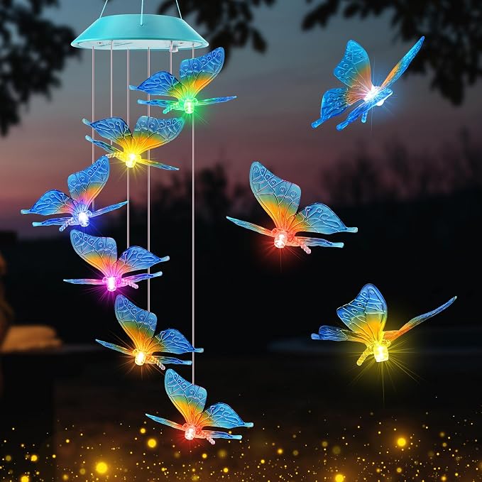 Solar Butterfly Gift for Mom Girls, Color Changing Wind Chimes for Outside, Solar Outdoor Decorative Mobile Lights for Garden, Yard, Patio, Window, Christmas Decorations, Gift for Women