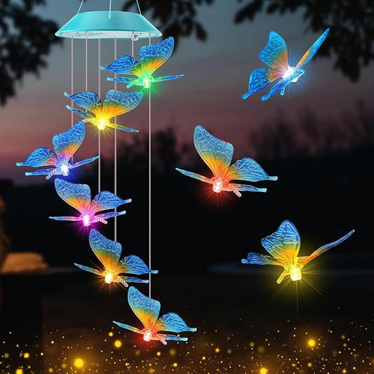 Solar Butterfly Gift for Mom Girls, Color Changing Wind Chimes for Outside, Solar Outdoor Decorative Mobile Lights for Garden, Yard, Patio, Window, Christmas Decorations, Gift for Women