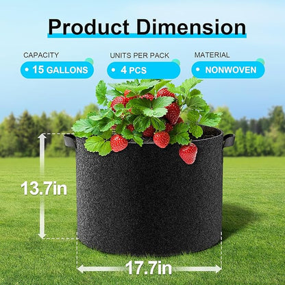 Land Guard 4-Pack Fabric Grow Bags 15 Gallon, Thickened Nonwoven Garden Pots, Growing Bags with Handles, Black