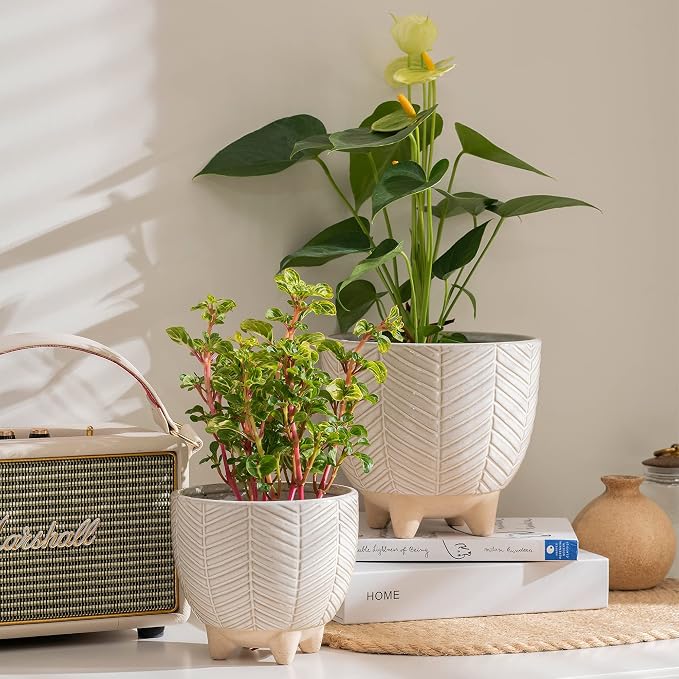 LA JOLIE MUSE Ceramic Footed Flower Plant Pots - 6.7 + 5.1 Inch Boho Decor Indoor Planters with Drainage, Home Decor Gift, Beige