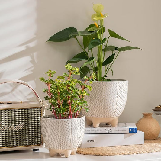 LA JOLIE MUSE Ceramic Footed Flower Plant Pots - 6.7 + 5.1 Inch Boho Decor Indoor Planters with Drainage, Home Decor Gift, Beige
