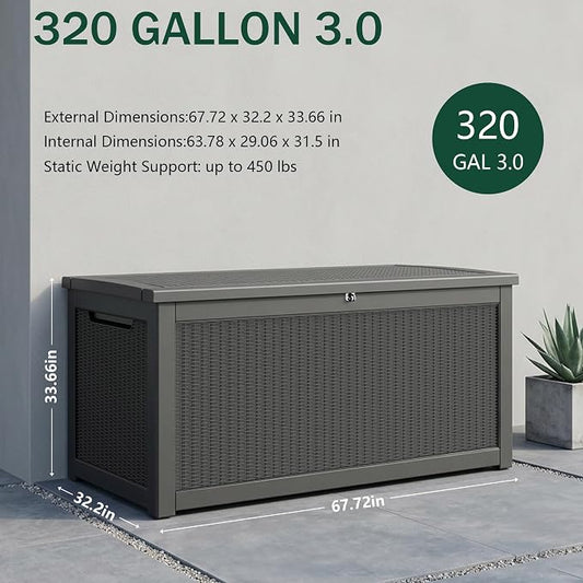 Outdoor Storage Box, 320 Gallon Waterproof Deck Box [Upgraded 3.0], Dual Gas-Spring Ultimate Resin Organizer for King Cushions, Heavy-Duty Lockable Estate Storage Bench, Backyard BBQ, Black