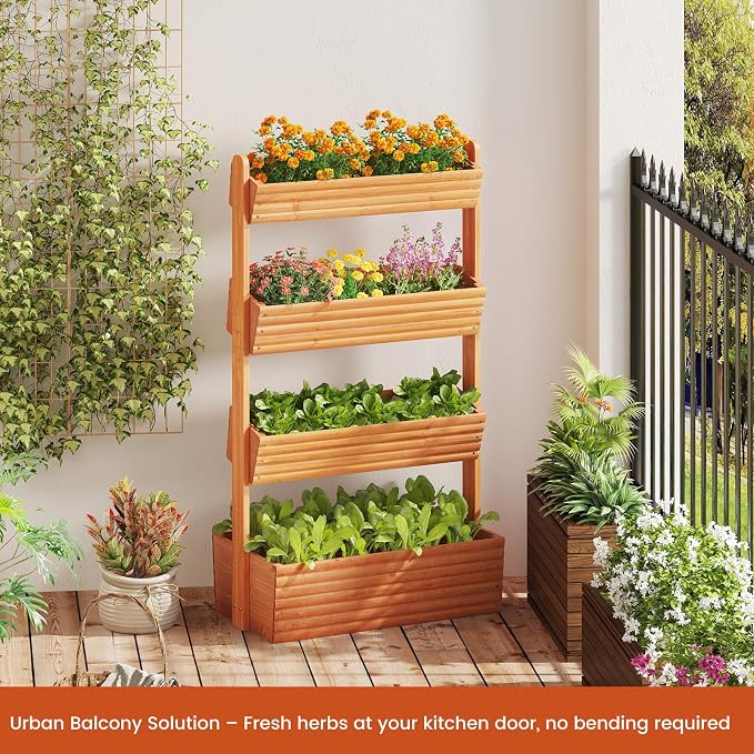 GHWIE Wooden Garden Planter Box, Raised Bed with Vertical Plant Rack, Indoor Outdoor Flower Herb Vegetable Stand (Reddish-Brown, 4 Tier)