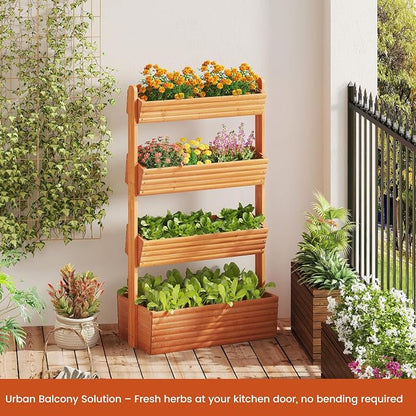 GHWIE Wooden Garden Planter Box, Raised Bed with Vertical Plant Rack, Indoor Outdoor Flower Herb Vegetable Stand (Reddish-Brown, 4 Tier)