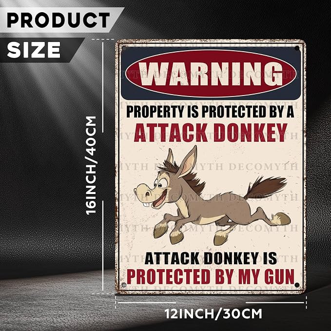 Metal Tin Sign Vintage Retro Wall Decor Warning Beware of Donkey Property Is Protected By a Attack Donkey Funny Tin Sign for Home Backyard Garden Patio 12 * 16inch