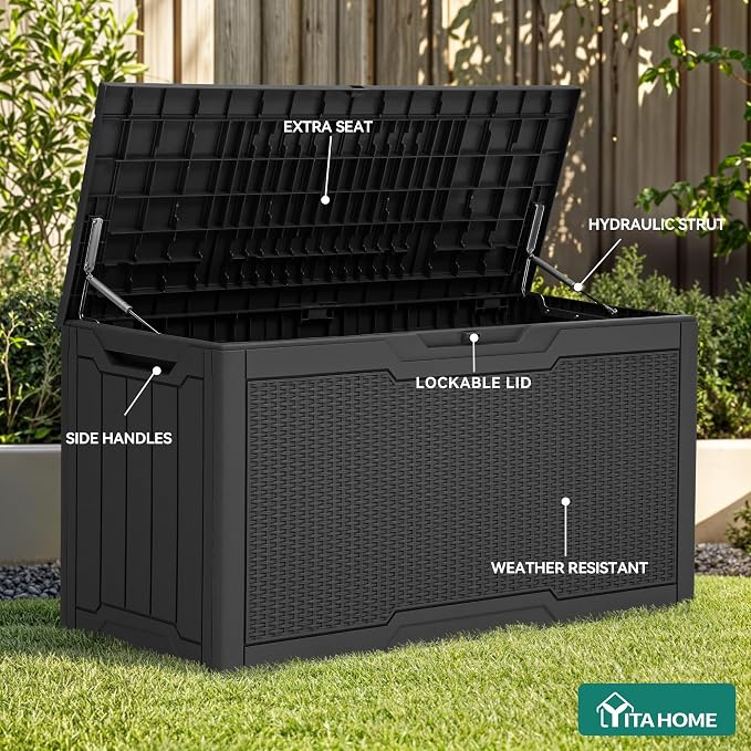 YITAHOME 80 Gallon Resin Deck Box | Weather Resistant Outdoor Rattan Storage Box, Lockable Indoor Outdoor Storage for Supplies and Essentials, Black