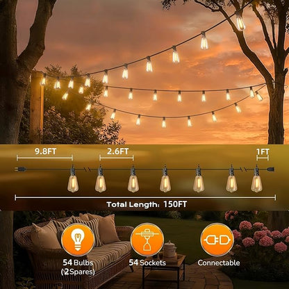 GPATIO Outdoor String Lights, 150FT ST38 Bulbs Shatterproof Patio Lights, Waterproof Dimmable Outside Hanging Light, Connectable LED Outdoor Lights for Backyard, Porch, Party, Garden, Home Decor