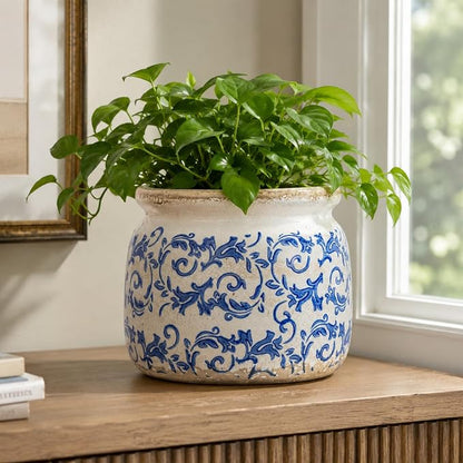 Dosayes Large Ceramic Pot for Planters, Ice Crack Glazed Flower Pot with Drainage Holes,5.91inch Vintage Planters for Indoor and Outdoor (Blue)