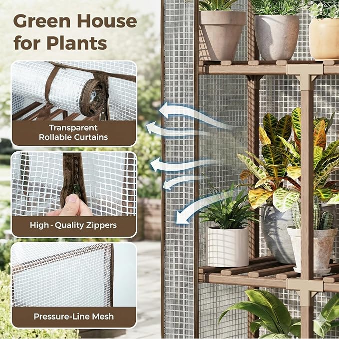Bamworld Greenhouse Indoor Outdoor 62.2“ Tall Green House Cover Large Invernadero Tiered Stand for Multiple Display Wood Planter Holder for Living Room Garden Balcony Patio Decor