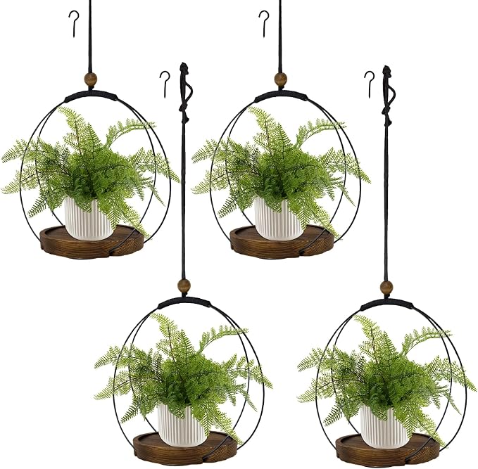 hismocal 4-Pack Hanging Plant Shelves, Wood Plant Display for 5.5" Pots | Solid Wood, Adjustable Rope, Fits Pots up to 5.5", 4-Pack