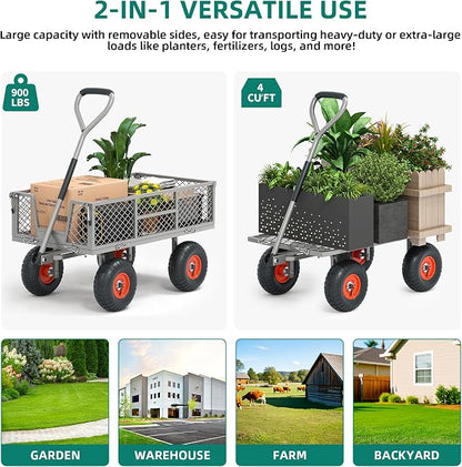 Heavy Duty Garden Cart, 900 lb Steel Wagon with All Terrain Tires | Removable Sides Become Flatbed, 180° Rotating Handle,for Yard, Garden, Hauling