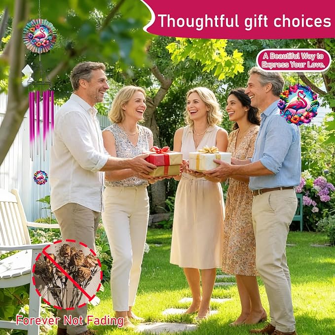 Flamingo Wind Chimes for Outside with Wind Spinner, Summer Garden Patio Yard Porch Decor, Tropical Flower Wind Chime with Colorful Gift Box, Summer Birthday Housewarming Gifts for Women Mom