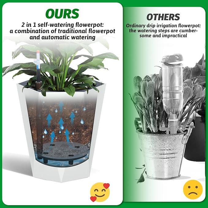 IDEALHOUSE 16" Tall Planters, Self-Watering Planters with Water Level Monitor and Drainage Hole, Large Outdoor Planters for Living Room, Bedroom Office, Patio, Porch, Garden, Set of 2