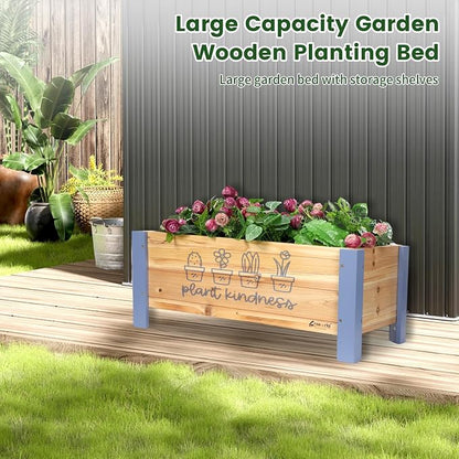 Raised Garden Bed for Kids - 30”L*16”W*13”H Elevated Wooden Planter Box Stand, Backyard, Patio, Balcony w/Bed Liner, 170lb Capacity (Blue)