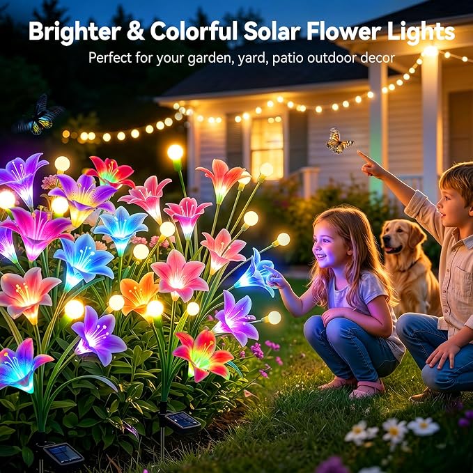 Solar Garden Lights Outdoor Flower Light 8 Pack: 48 Solar Firefly Lights with 24 Head 7-Color Changing Lily, Waterproof Decorative Light for Yard Patio Flower Bed, Gifts for Women