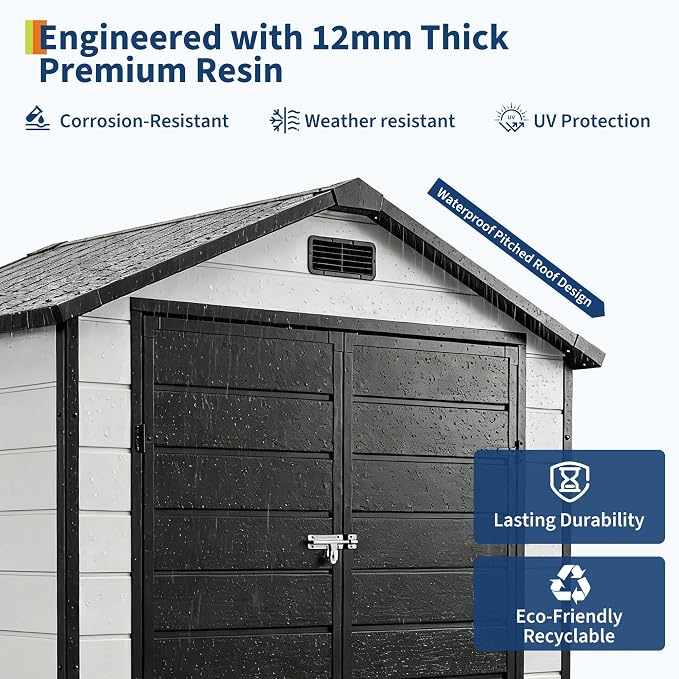 Outdoor Storage Shed with Floor, Plastic Resin Garden Shed with Window & Sloping Roof & Lockable Door for Patio Backyard Garden, Lawn Mower, Bike, Tool Storage (Grayish White + Black, 6' x 4')