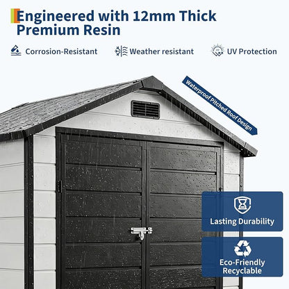 Outdoor Storage Shed with Floor, Plastic Resin Garden Shed with Window & Sloping Roof & Lockable Door for Patio Backyard Garden, Lawn Mower, Bike, Tool Storage (Grayish White + Black, 6' x 4')