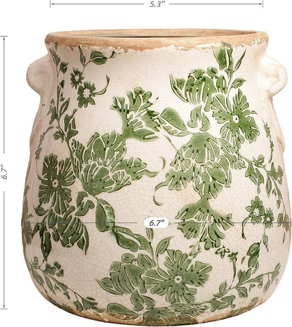 Ceramic Flower Vase, Cottagecore Vases & Planting Pots with Drainage | 6.68" Retro Farmhouse Indoor Plant Pots, English Cottage Decor for Kitchen Dining Table Living Room Bookshelf, Green