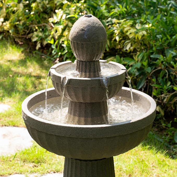 37.80” H Outdoor Water Fountain Made with Eco-Friendly Recyclable Materials, Polyethylene Cascading Waterfall Water Fountain Outdoor, Garden Decor with LED Light for Patio, Backyard (Andesite)