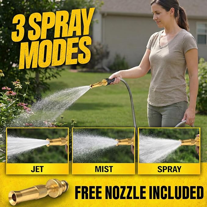 Bionic Steel PRO 50 Ft Metal Garden Hose with Brass Nozzle | Water Hose Made from Heavy Duty 304 Stainless Steel, Flexible, Lightweight, Brass Fittings, Non Kinking, 500 PSI