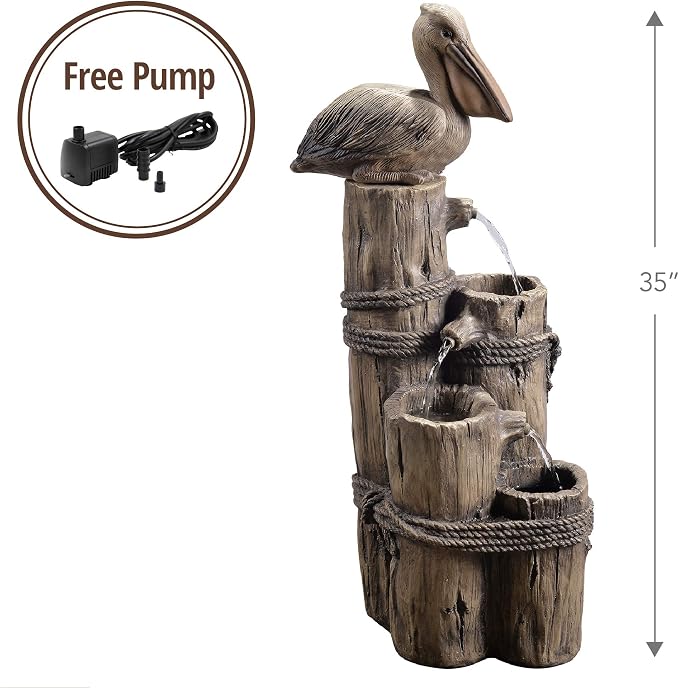 Teamson Home 35.42" 4-Tier Pelican and Driftwood Pier Post Outdoor Cascading Water Fountain, Brown | Pelican and Wooden Post, Pump for Outdoor Patio Garden Backyard Decking, 35 Inch Height, Brown