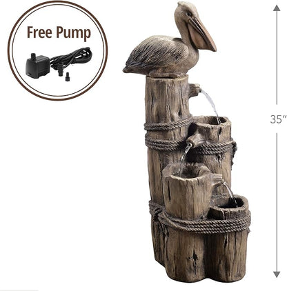 Teamson Home 35.42" 4-Tier Pelican and Driftwood Pier Post Outdoor Cascading Water Fountain, Brown | Pelican and Wooden Post, Pump for Outdoor Patio Garden Backyard Decking, 35 Inch Height, Brown