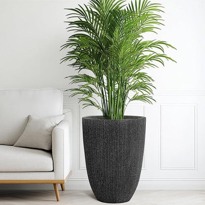 2-Pack 19" Black Resin Tall Round Planters with Fluted Texture | Set of 2 resin tall planters with black fluted texture, drainage plugs, and UV-resistant finish for porch or patio