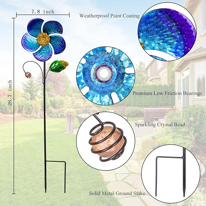 Viveta 2 Pack Wind Spinners with Metal Stake, Outdoor Garden Pinwheels | Blue Flower Shape Design Garden Spinners for Yard Lawn Patio Decor ,28.7 inches