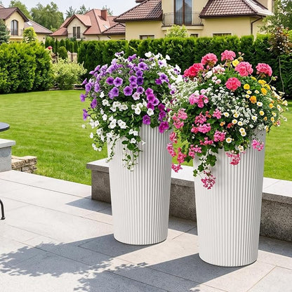 24" Tall Planters for Outdoor Plants with Insert, Set of 2 White | Large Outdoor Planters for Front Porch Decor with Drainage Hole, Plastic Striped Flower Pots Fits Indoor Plants Patio Garden