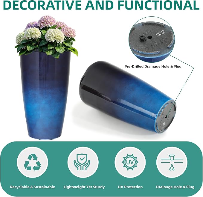 22.8" Gradient Blue Resin Tall Outdoor Planters with Drainage Holes | Set of 2 resin tall planters with deep gradient blue finish, drainage plugs, and UV-resistant surface for porch or patio