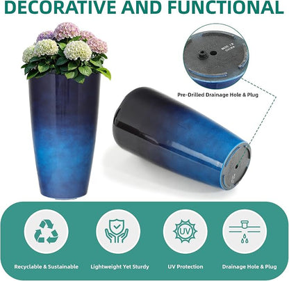 22.8" Gradient Blue Resin Tall Outdoor Planters with Drainage Holes | Set of 2 resin tall planters with deep gradient blue finish, drainage plugs, and UV-resistant surface for porch or patio