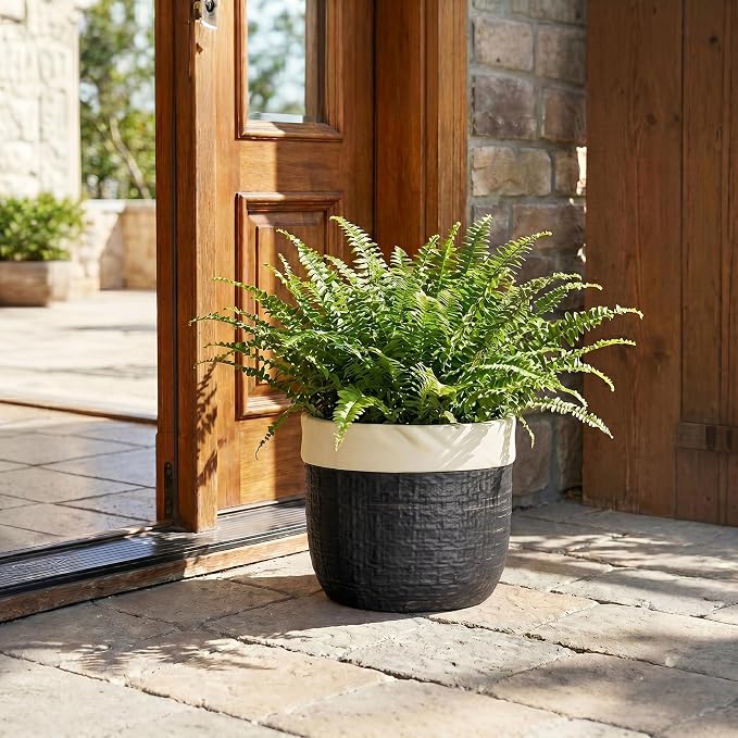 9.8 Inch Planter - Ceramic Pots for Plants with Drainage Hole and Plug, Round Flower Pots for Indoor Plants, Boho Decorative Plant Pot, Garden House Decor, House Warming Gifts New Home, Black