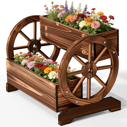 24" Extra Large Rustic 2-Tier Wooden Wagon Planter Box | Carbonized wood flower cart with 2 tiers, drainage holes, liner, and wagon wheels for porch, patio, and garden decor
