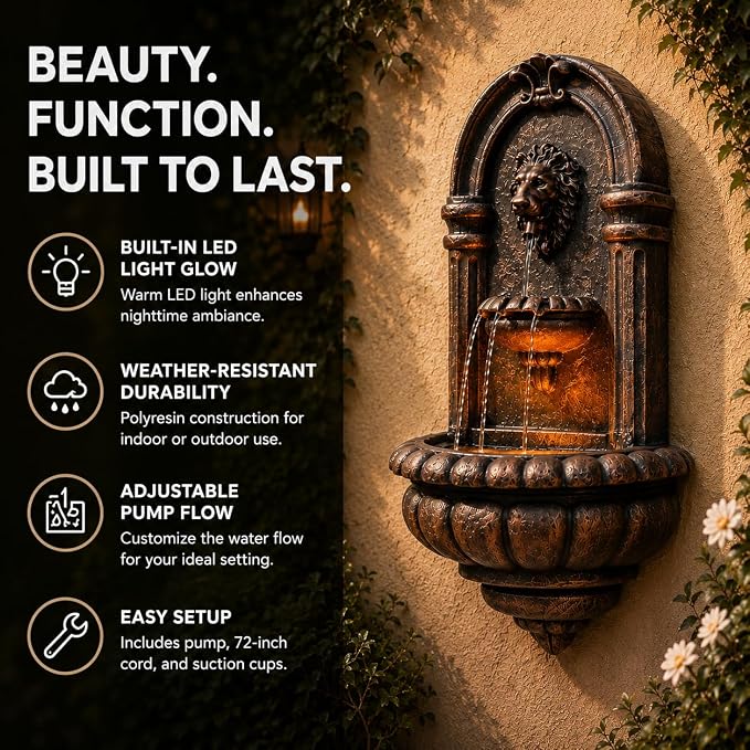 Teamson Home 32.1 in. Wall-Mounted Lion Head Stone LED Outdoor Water Fountain for Gardens, Landscaping, Patios, Balconies, Lawns to Create a Calming Oasis in Outdoor Living Spaces, Antique Bronze | Lion Head, Tiered Water Feature, LED Light, For Garden...