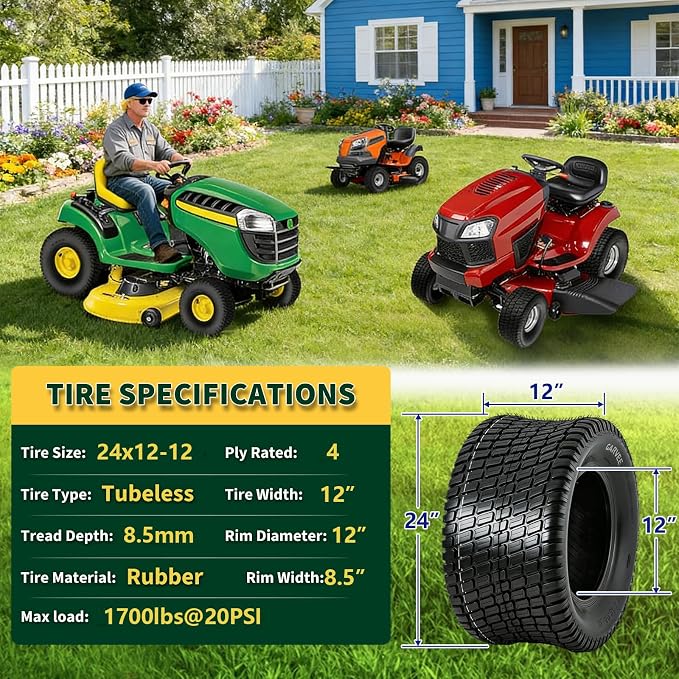 GarveeLife 24x12-12 Lawn Mower Tires (Set of 2) - 24x12x12 4-Ply Tubeless Garden Tractor Turf Tires, 1700 LB Load Capacity, 20 PSI, for Mowers & Yard Carts