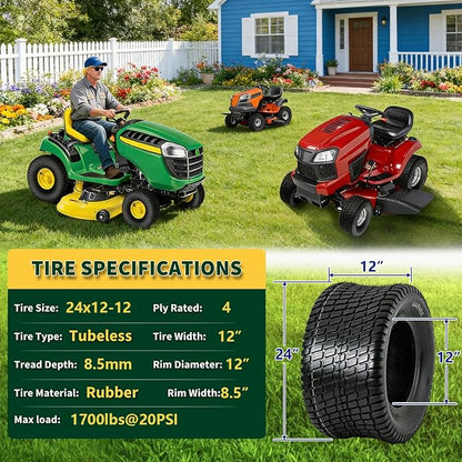 GarveeLife 24x12-12 Lawn Mower Tires (Set of 2) - 24x12x12 4-Ply Tubeless Garden Tractor Turf Tires, 1700 LB Load Capacity, 20 PSI, for Mowers & Yard Carts