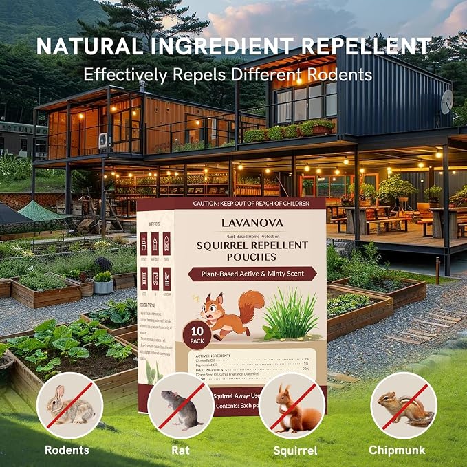 Squirrel Repellent Pouches 10 Pack, Natural Squirrel & Chipmunk Outdoor for Attic, Garden, Garage and Car Engine, Natural Squirrel Deterrent Keep Squirrels Out of Garden Yard Helps Repel Rodents