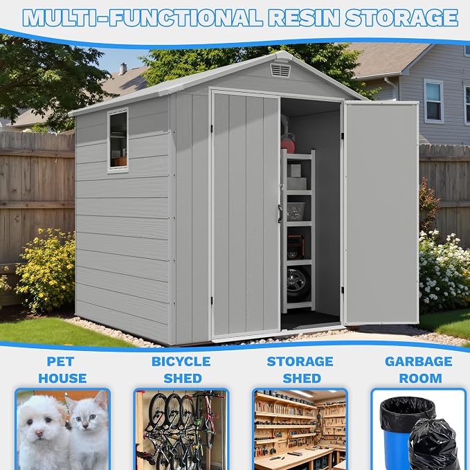 Greesum 6x6FT Plastic Outdoor Storage Shed with Floor, Resin Sheds with Lockable Double Door, Tool Sheds with Window and Vents, for Garden, Yard, Patio, Light Gray