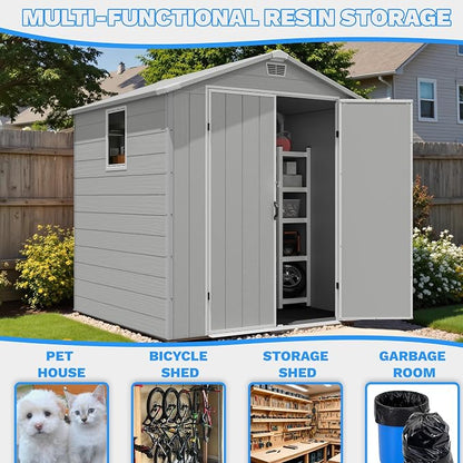 Greesum 6x6FT Plastic Outdoor Storage Shed with Floor, Resin Sheds with Lockable Double Door, Tool Sheds with Window and Vents, for Garden, Yard, Patio, Light Gray