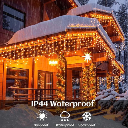 Orange Halloween Lights Outdoor Indoor, 66ft Icicle Lights for Outside, 640 LED Twinkle String Lights with 120 Drops Clear Wire Short Curtain Lights for Room Home Wall Bedroom Decor