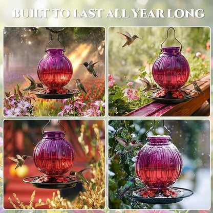 Glass Hummingbird Feeder for Outdoors Hanging, 26Oz Bird Nectar Feeder with Perch & 5 Flower Feeding Ports, Leak Proof for Outside Garden Decor Backyard, Gifts for Women Mom, Purple & Red