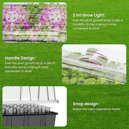 MIXC Seed Starter Tray with Lights, 2 Packs Mini Propagator Plant Grow Kit Greenhouse with Humidity Vented Domes and Base for Seeds Starting, Black