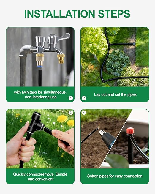 Drip Irrigation System for Garden, Automatic Garden Watering System with 115FT 1/2” & 1/3” Tubing, Dual Faucet, Adjustable Nozzle Emitters for Garden, Greenhouse, Lawn, Potted Plants