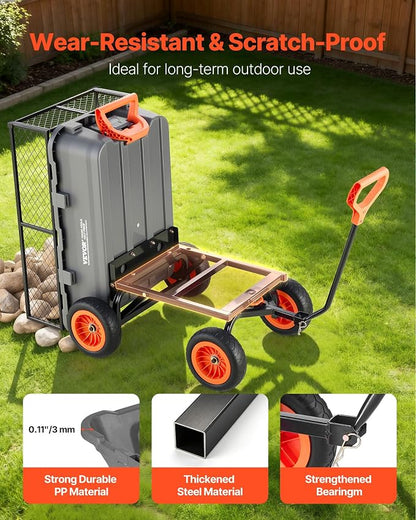 VEVOR 800LBS 7 CU.FT Poly Garden Cart Dump Wagon, Heavy Duty 4 Wheel Wheelbarrow with 10" Flat Free Tires, Yard Cart Dump Wagon with Removable Raised Sides and Quick-Release System