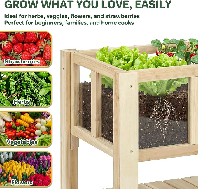 Raised Garden Bed for Small Balcony, 28.3''x16.3''x23.6'' Wood Planter Box with Transparent Window, Drainage Holes, Storage Shelf, Garden Beds Flower Stand Patio Kitchen, Gift for Gardening