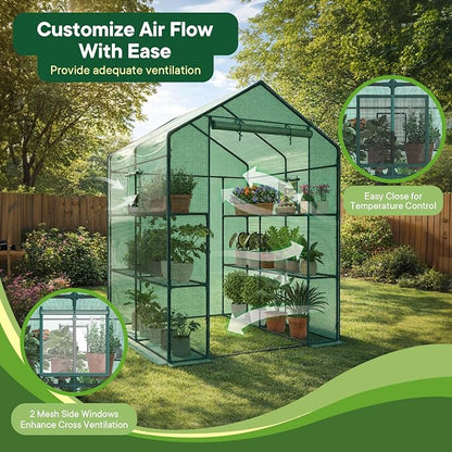 Sweetcrispy Outdoor Greenhouse, Walk-in Greenhouse with Durable PVC Cover, 2 Tier 8 Plant Shelves, 56"x56"x77" Portable Greenhouses for Outdoor Garden, Patio, Porch, Backyard Green Houses, Green