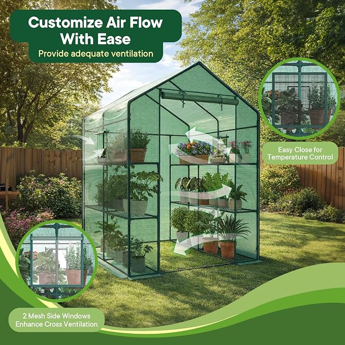 OLIXIS Outdoor Greenhouse, Walk-in Greenhouse with 2 Tier 8 Plant Shelves, Durable PVC Cover, 56"x56"x77" Portable Greenhouses for Outdoor Garden, Patio, Porch, Backyard Green Houses, Green