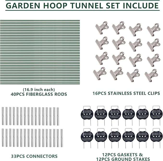 Garden Hoops Kit for Raised Beds, Plant Cover Support Hoops | Row Cover Hoops for Garden Netting, Frost Cloth, DIY Greenhouse Hoops with 40pcs Rods, Connectors, Ground Stakes and Clips