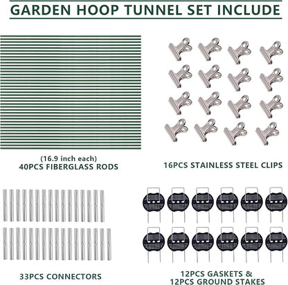 Garden Hoops Kit for Raised Beds, Plant Cover Support Hoops | Row Cover Hoops for Garden Netting, Frost Cloth, DIY Greenhouse Hoops with 40pcs Rods, Connectors, Ground Stakes and Clips